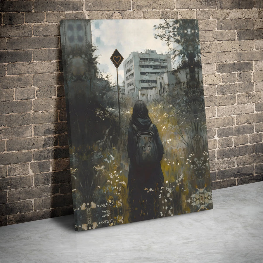 Post-Apocalyptic City Canvas Wall Art | Dystopian Girl Wanderer Decor | Gallery Wrap Premium Print | Moody Home & Office Gift