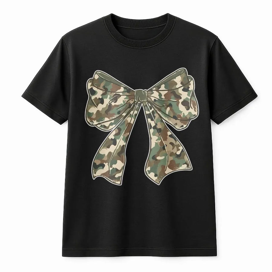 Camo Bow Graphic T-Shirt | Aesthetic Girly Camouflage Ribbon Design | Premium 100% Cotton Tee | Gift for Her & Hunting Enthusiasts