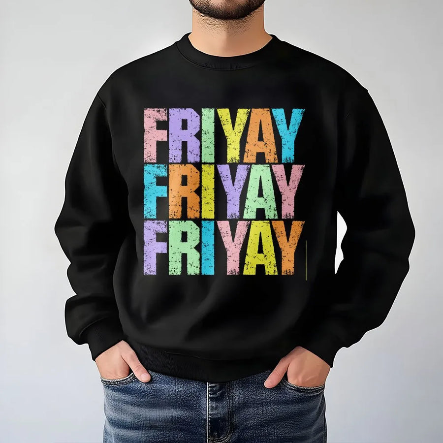 Happy Friyay Sweatshirt | Retro Colorful Graphic Pullover | Soft Cotton-Polyester Blend | Funny Elementary Teacher Gift