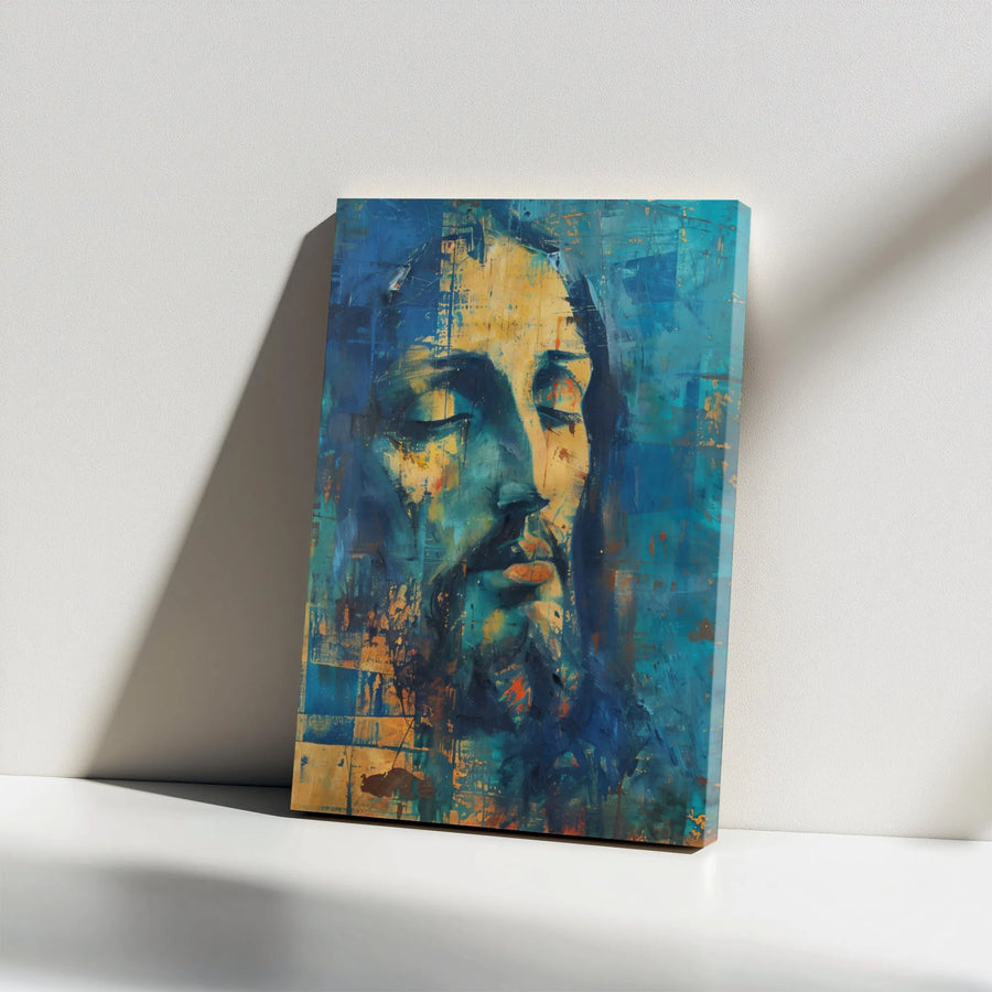 Jesus Christ Canvas Wall Art | Abstract Blue Portrait Painting | Premium Gallery Wrap Print | Modern Religious Home Decor Gift