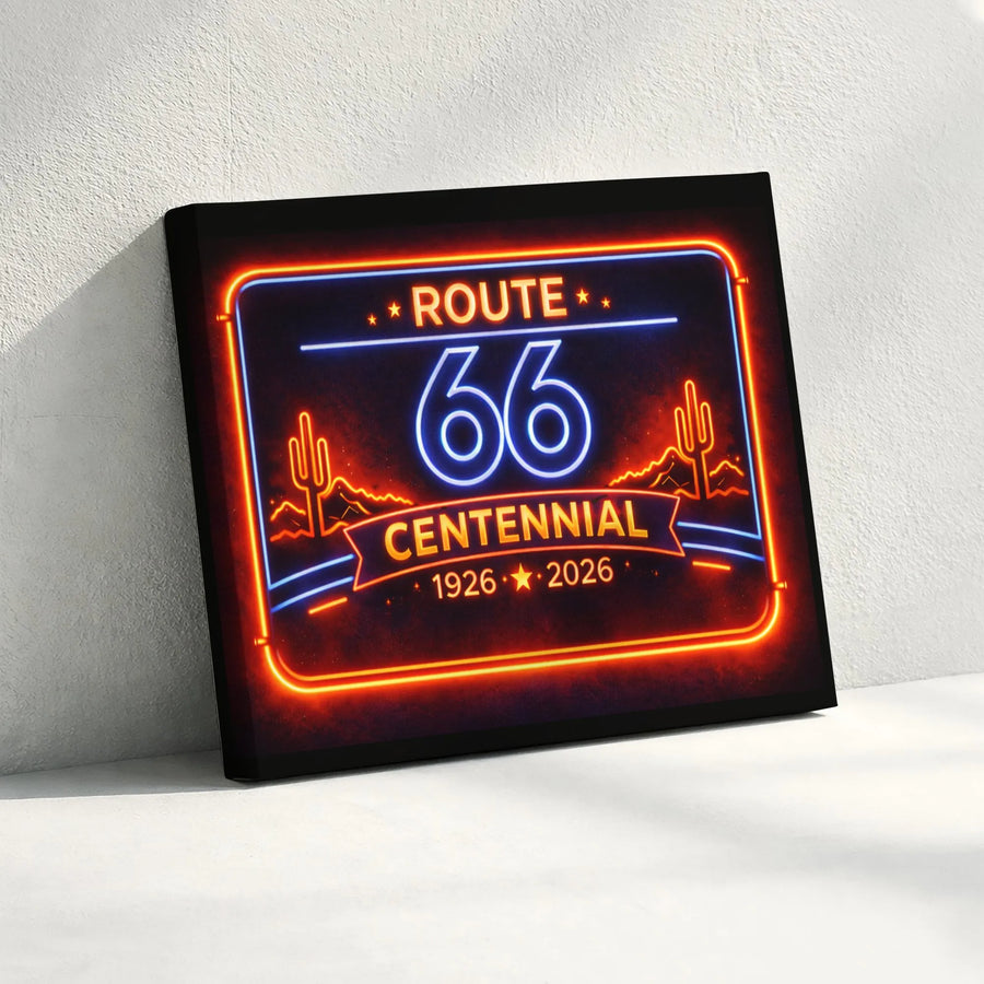 Route 66 Centennial Canvas Wall Art | Retro Neon Sign Print | Premium Gallery Wrap | Collector's Gift for Man Cave Decor