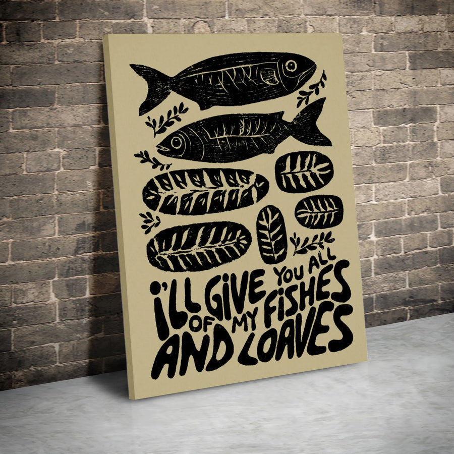 Fishes And Loaves Wall Art | Christian Home Decor Linocut Print | Premium Gallery Wrap Canvas | Religious Gift For Living Room