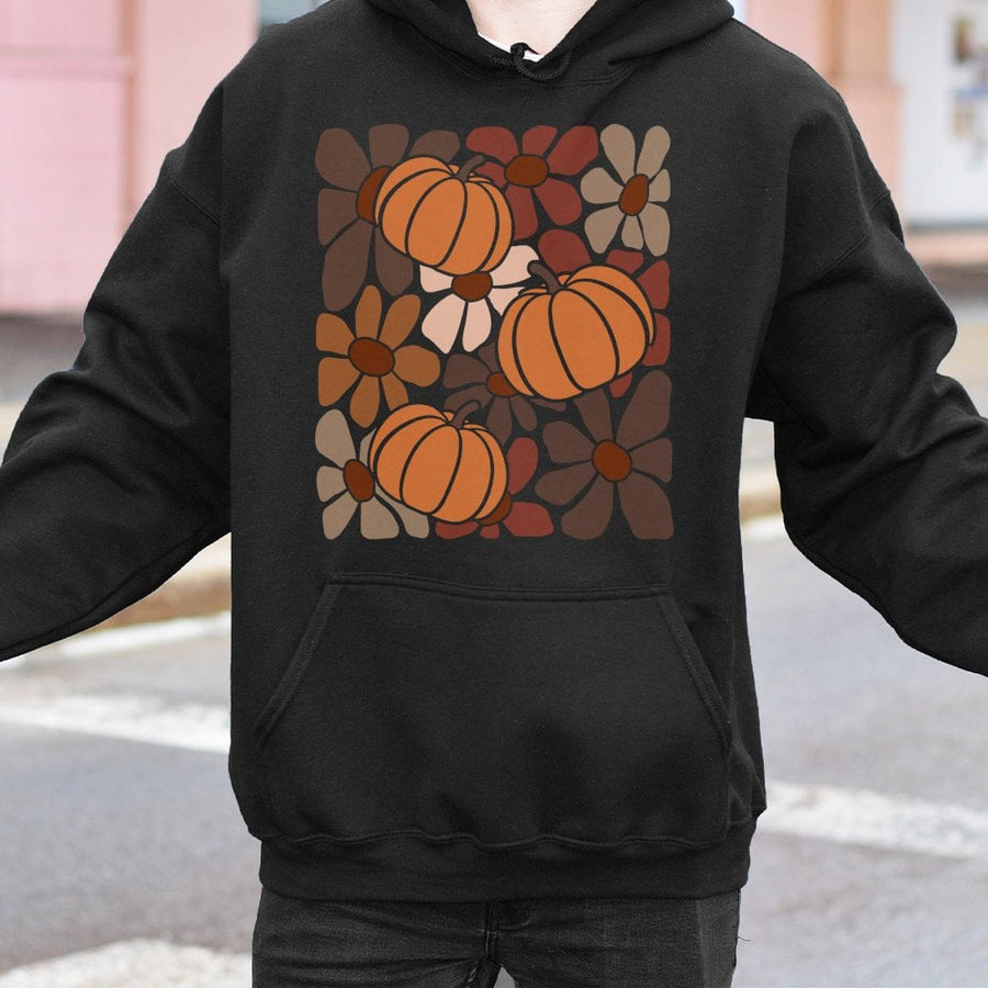 Boho Pumpkin Hoodie | Retro Floral Fall Graphic Sweatshirt | Premium Cotton-Blend Apparel | Thanksgiving Gift for Women & Teens