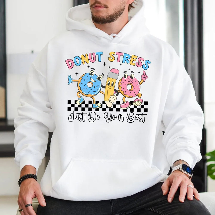 Donut Stress Teacher Hoodie | Funny Retro Testing Day Graphic | Cozy Unisex Pullover | State Exam Motivation Gift for Teachers