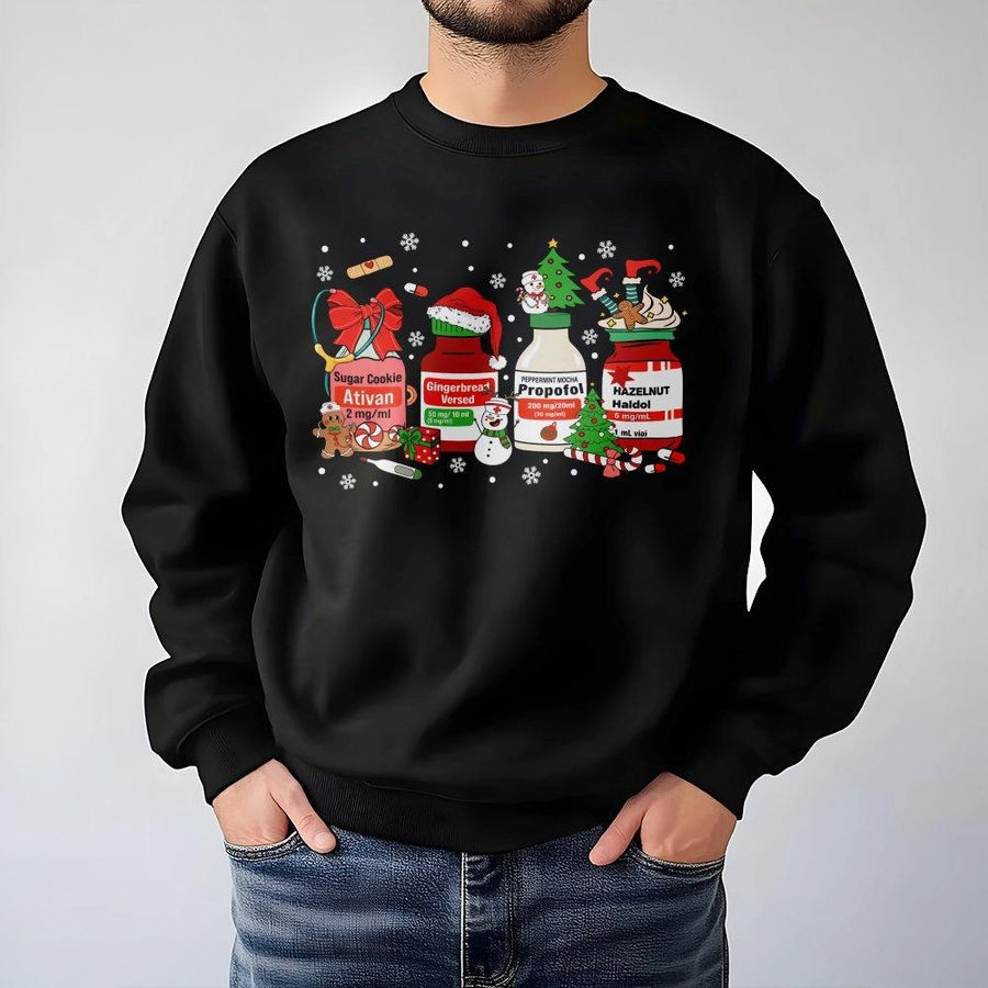 Christmas Nurse Sweatshirt | Funny Medical Medication Jar Design | Cozy Cotton-Blend Crewneck | Holiday Gift for Nurses and ICU Staff