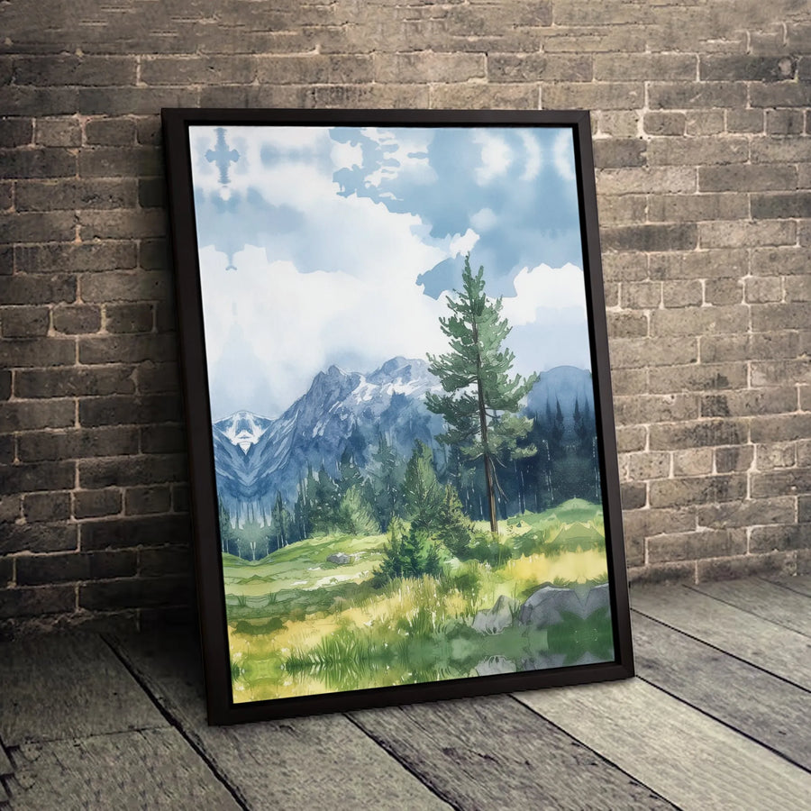 Mountain Landscape Canvas Wall Art | Watercolor Pine Forest Scene | Premium Fade-Resistant Gallery Print | Nature Lover Home Decor Gift