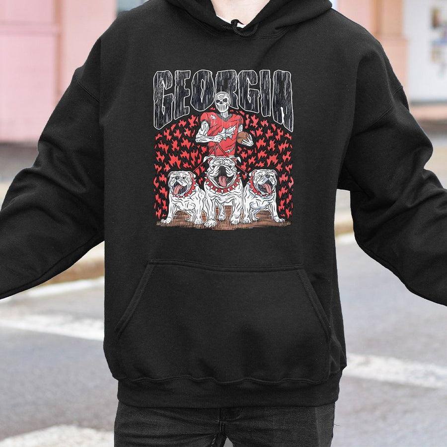 Georgia With A Skeletal Football Player Holding A Football, Three Bulldogs, And Flames Hoodie