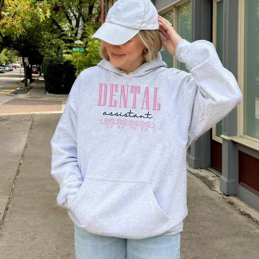 Dental Assistant Hoodie | Cute Bow Tooth Design Graphic | Premium Cotton Blend | Perfect Gift for Dental Hygienist or Student