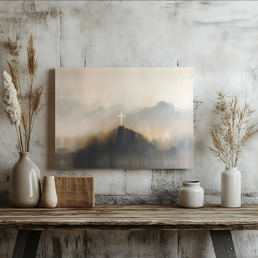 Christian Cross Canvas Wall Art | Abstract Misty Mountain Landscape | Premium 1.25-Inch Gallery Wrap | Religious Home Office Decor Gift