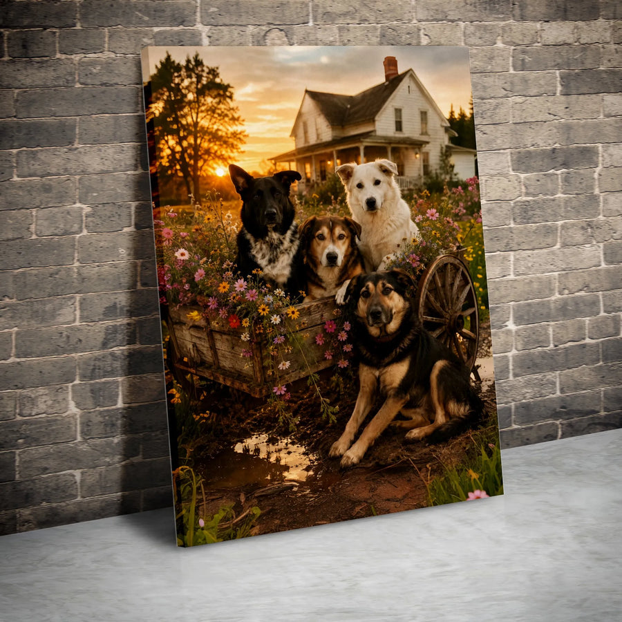 Farmhouse Dogs Vertical Canvas | Rustic Wagon Wildflowers Sunset Art | Premium 1.25 Inch Gallery Wrap | Warm Dog Lover Gift, Country Home Decor