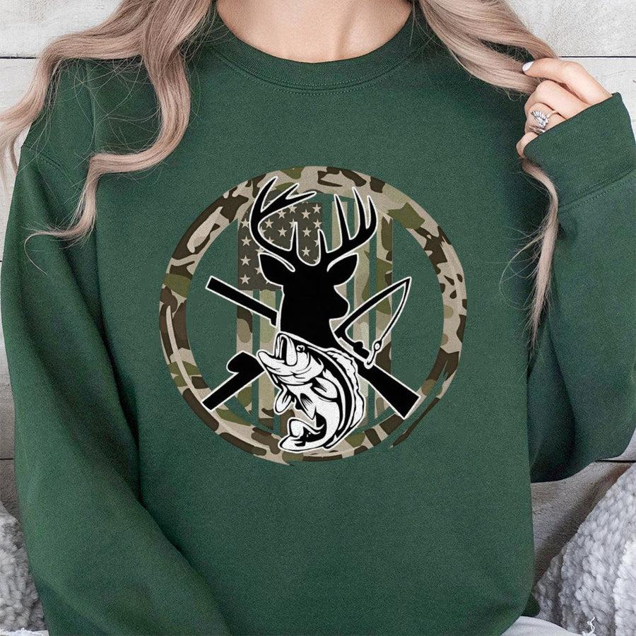 Outdoorsman Sweatshirt | Hunting Fishing Deer Graphic Camo USA Flag | Premium Cotton Blend | Gift for Hunter Fisherman Men Women