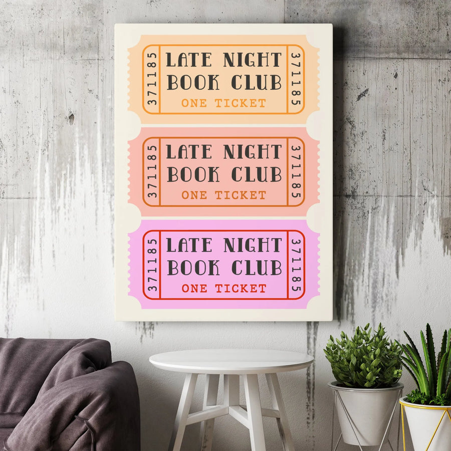 Late Night Book Club Canvas Art | Retro Admission Ticket Design | Premium Fade-Resistant Print | Book Lover Gift for Home Office Decor