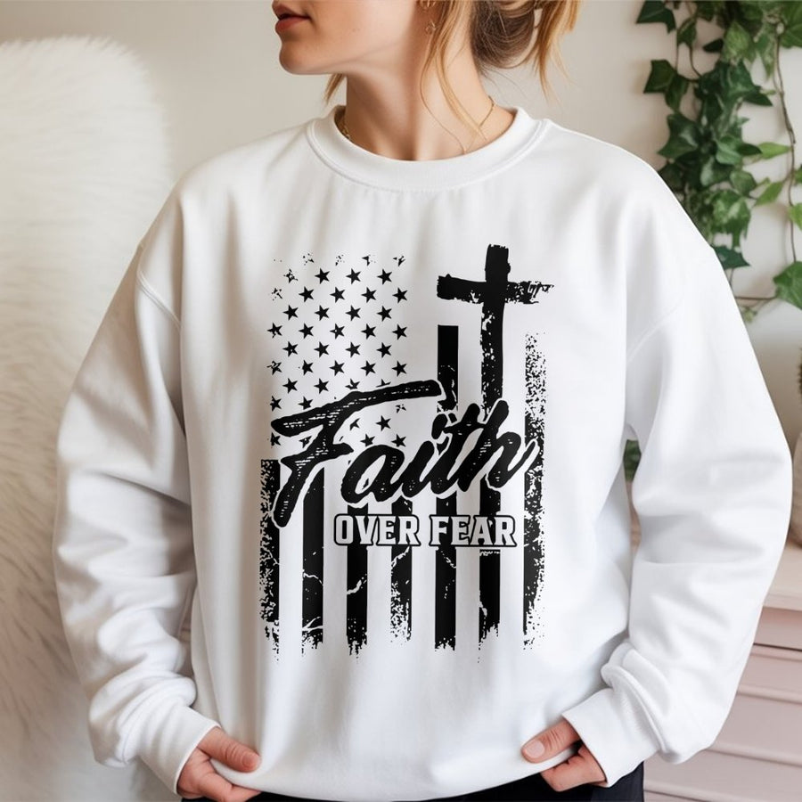 Faith Over Fear Sweatshirt | Patriotic American Flag Cross Design | Premium Unisex Pullover | Christian Gift for Men and Women