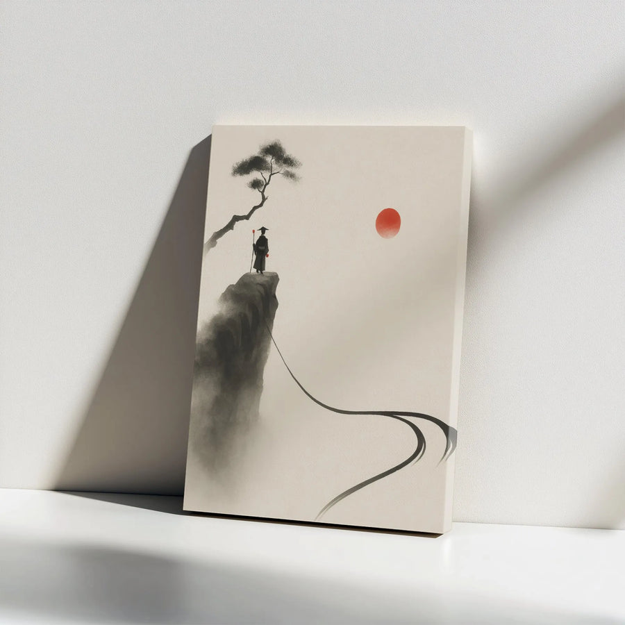 Japanese Ink Wash Canvas Wall Art | Sumi-e Traveler On Cliff | Premium Gallery Wrap Decor | Minimalist Zen Mountain Gift For Home