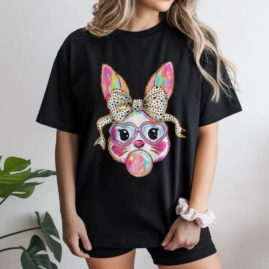 Bubble Bunny Graphic T-Shirt | Cute Easter Rabbit with Heart Glasses and Bow | 100% Cotton Premium Apparel | Fun Spring Gift for Women and Kids