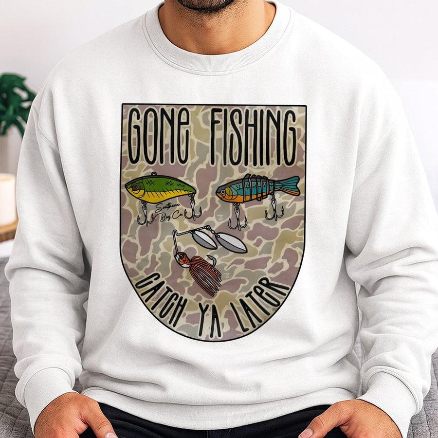 Gone Fishing Sweatshirt | Camo Bass Lure Graphic | Premium Cotton Blend Crewneck | Outdoorsman Gift for Fisherman