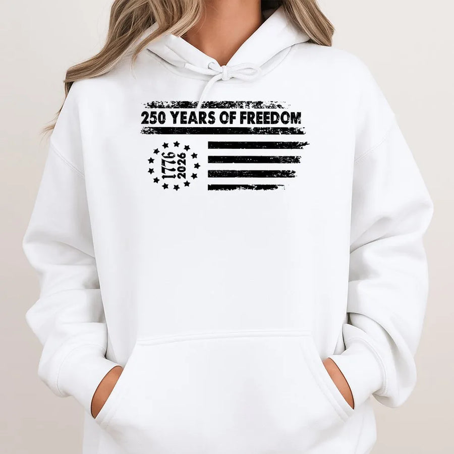 250 Years of Freedom Hoodie | Vintage American Flag 1776-2026 Design | Soft Cotton Blend Sweatshirt | Patriotic 4th of July Gift for Men and Women