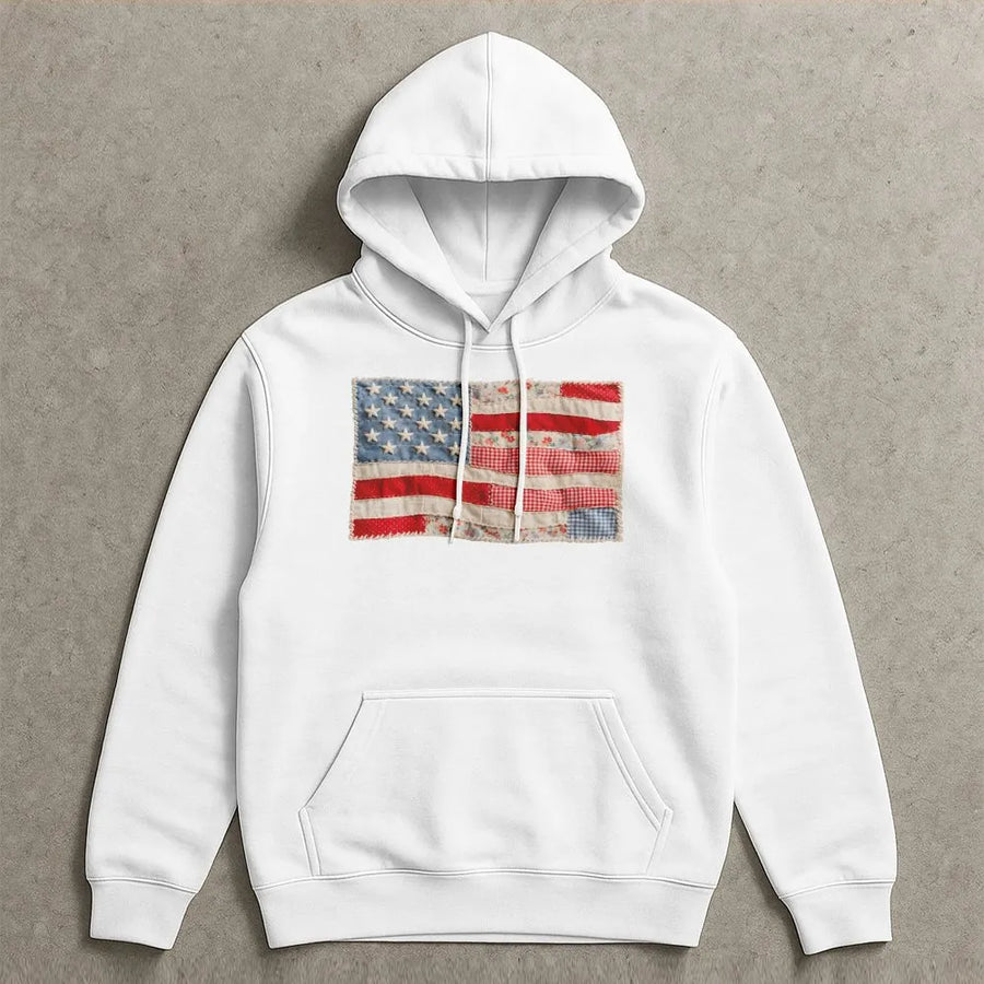 Retro American Flag Hoodie | Faux Patchwork USA Graphic | Premium Cotton Blend | Patriotic Gift for Independence Day