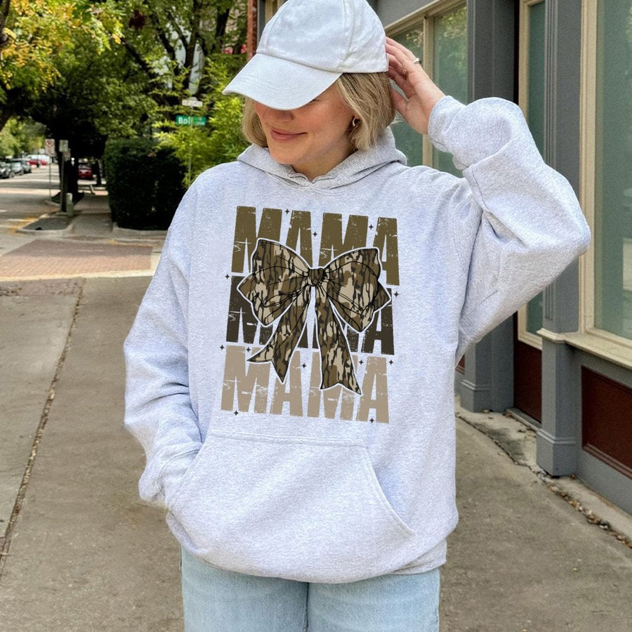 Mama Camo Bow Hoodie | Retro Coquette Aesthetic Graphic | Premium Cotton Blend | Trendy Gift For Mom
