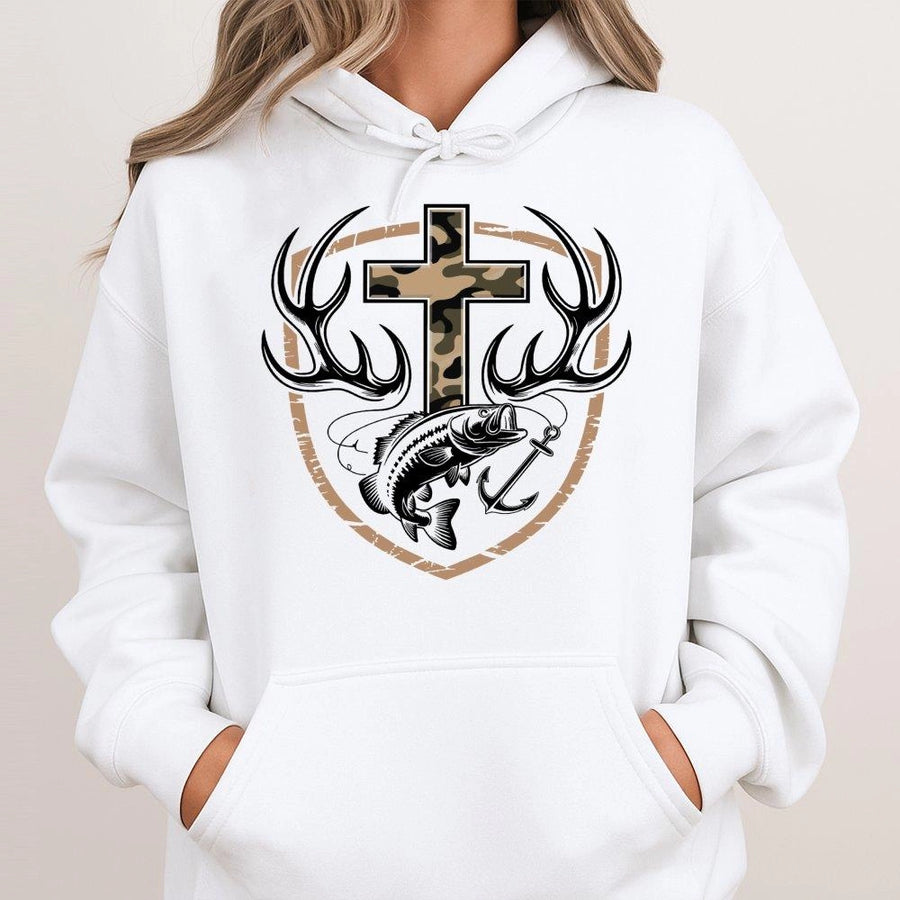 Camo Cross Hunting Hoodie | Antler and Bass Fish Graphic Print | Premium Cotton Blend Apparel | Faith-Based Outdoor Gift for Men and Women