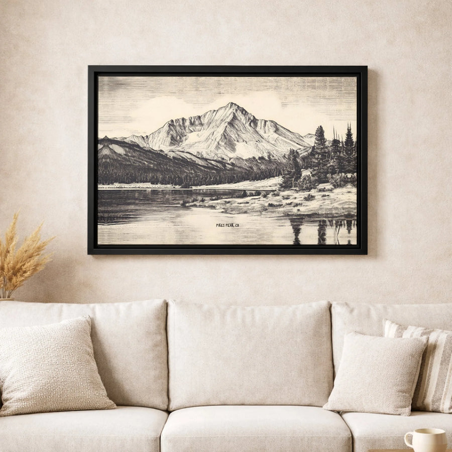 Pikes Peak Mountain Landscape Canvas Wall Art | Vintage Engraving Style Print | Premium Gallery-Wrapped Decor | Colorado Nature Lover Gift