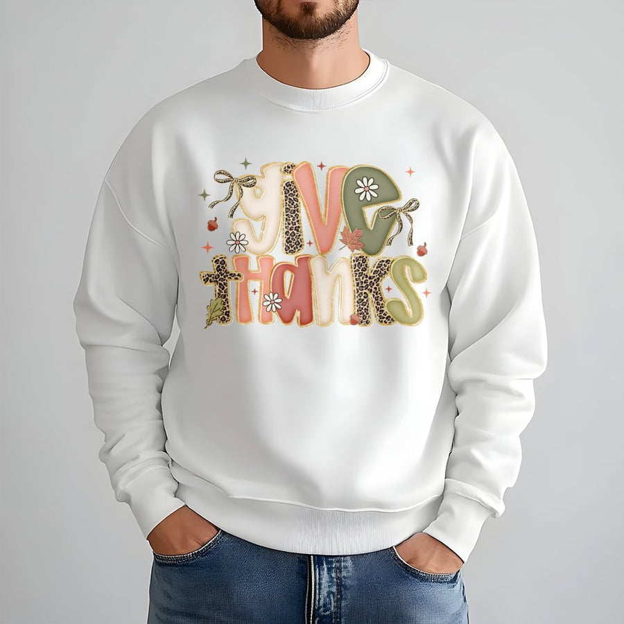 Give Thanks Sweatshirt | Retro Leopard Print Fall Graphic | Premium Cotton Blend Crewneck | Thanksgiving Coquette Aesthetic Gift For Her