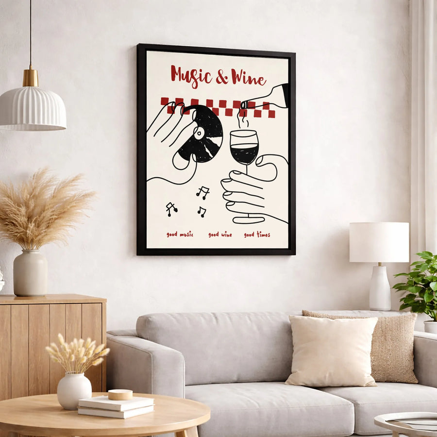 Music and Wine Wall Art | Minimalist Line Drawing | Premium Gallery Wrapped Canvas | Gift for Music Lover and Wine Enthusiast