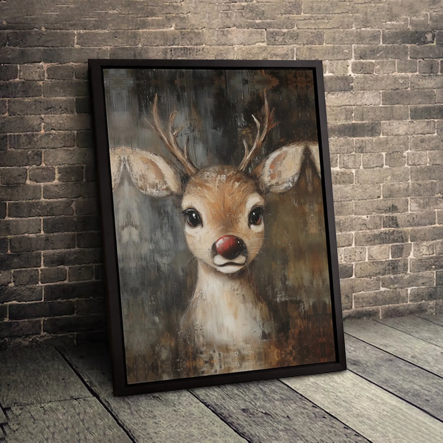 Red Nosed Reindeer Canvas Wall Art | Whimsical Holiday Animal Painting | Premium Fade-Resistant Gallery Wrap | Festive Christmas Home Decor Gift