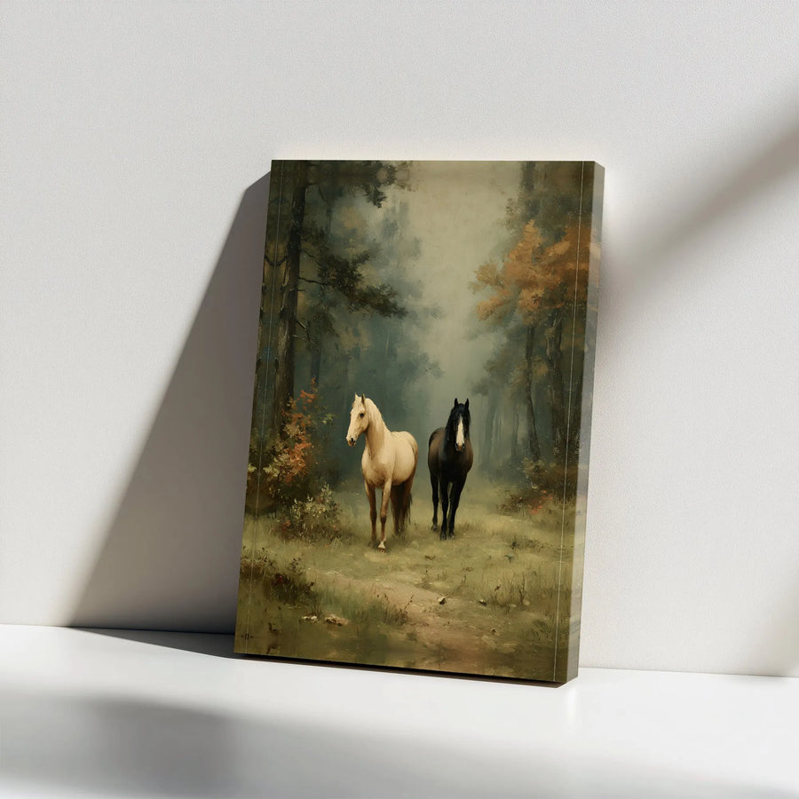 Vintage Horse Painting Canvas Wall Art | Equestrian Woodland Scene | Premium Canvas Print | Farmhouse Living Room Decor Gift for Horse Lover
