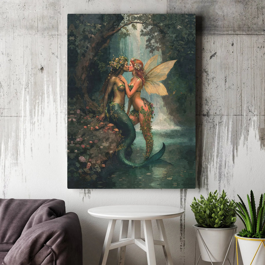 Mermaid and Fairy Canvas Art | Romantic Forest Kiss Illustration | Premium Gallery Wrapped Canvas | LGBTQ Sapphic Couple Gift