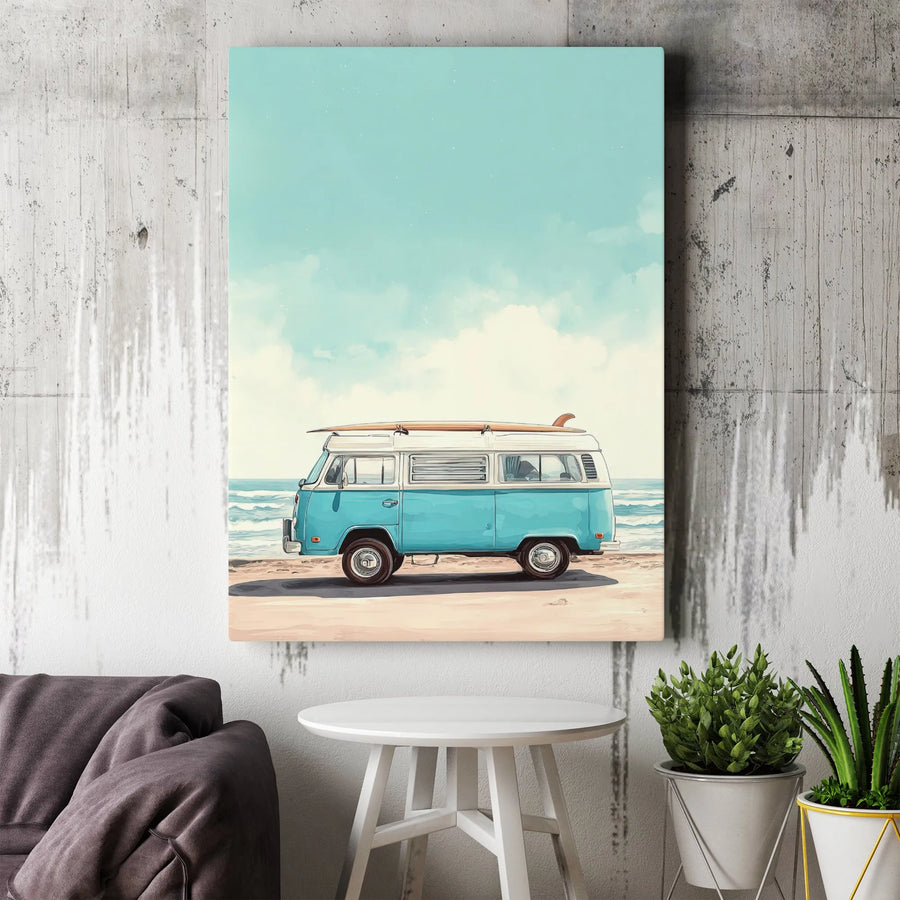 Coastal Surf Van Canvas Wall Art | Vintage Beach Bus Illustration | Premium Gallery Wrap Print | Aesthetic Summer Decor for Home Office