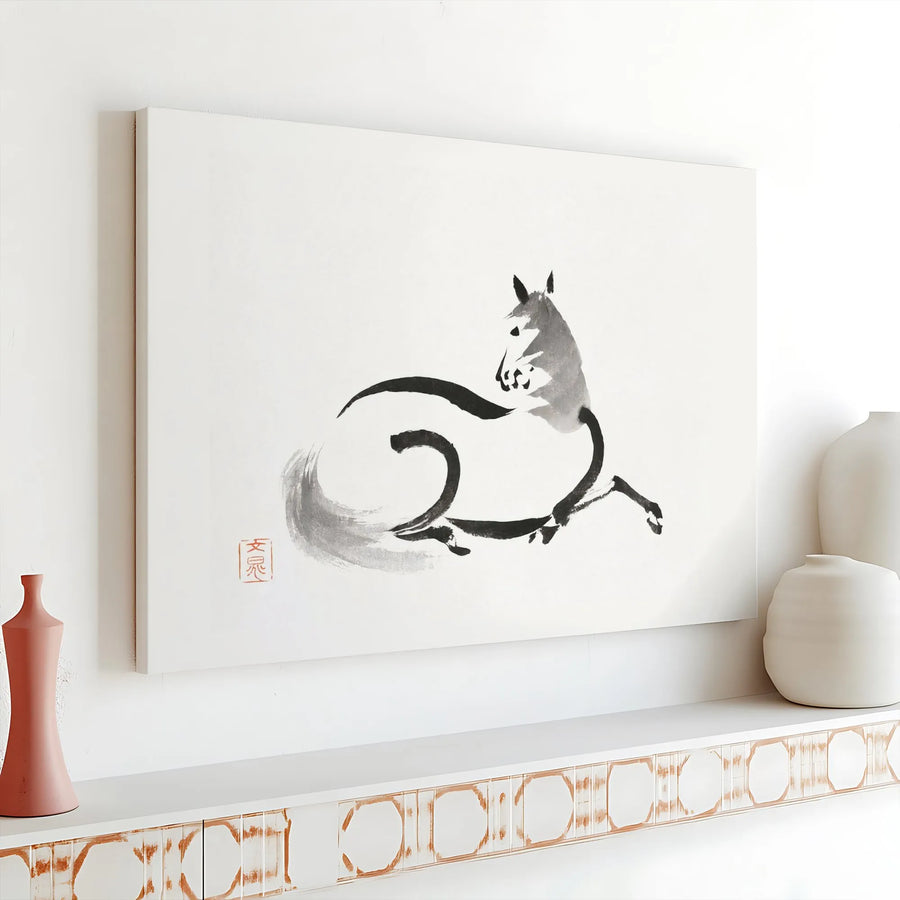 Horse Canvas Wall Art | Japanese Sumi-E Ink Wash Painting | Premium Gallery Wrap Decor | Minimalist Zen Home Office Gift