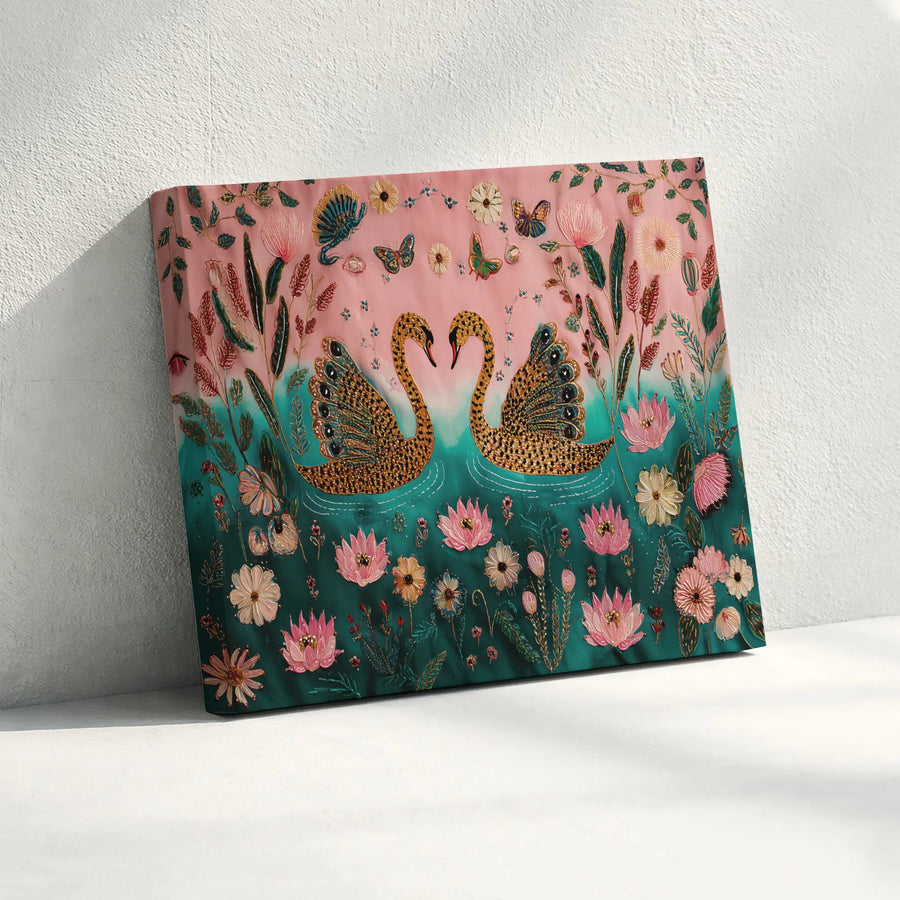Swan Wall Art Canvas | Enchanted Leopard Print Floral Design | Premium Fade-Resistant Gallery Wrap | Whimsical Home Decor Gift