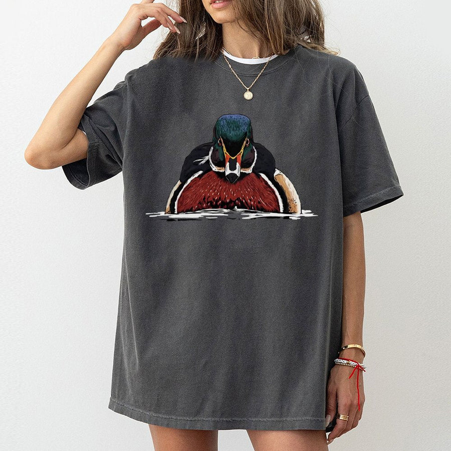Wood Duck Graphic T-Shirt | Realistic Waterfowl Hunting Art | Premium 100% Cotton Tee | Gift for Duck Hunters and Outdoorsmen