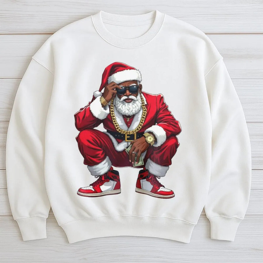 Black Santa Christmas Sweatshirt | Hip Hop Style Streetwear Graphic | Premium Soft Blend Fleece | African American Holiday Gift For Men