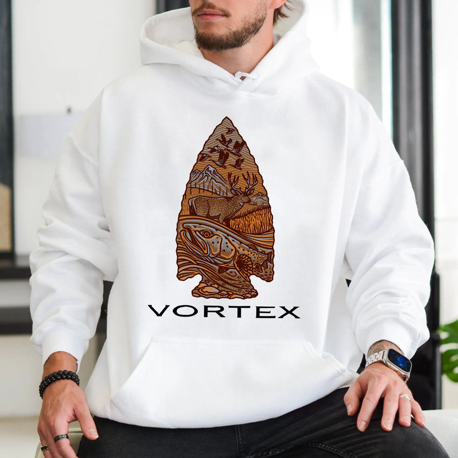 Wildlife Arrowhead Hoodie | Deer Fish Mountain Outdoor Graphic | Premium Cotton Blend | Gift For Hunter Nature Lover