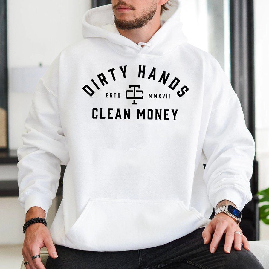 Dirty Hands Clean Money Hoodie | Mechanic Workwear Graphic Print | Premium Cotton-Blend Fleece | Gift for Blue Collar Worker