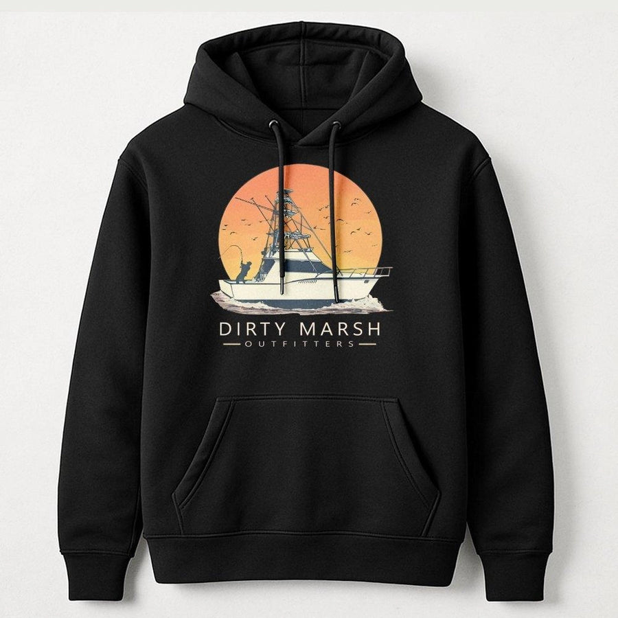 Offshore Fishing Hoodie | Retro Sunset Boat Graphic Design | Premium Cotton Blend | Gift for Saltwater Angler and Coastal Lifestyle Lovers