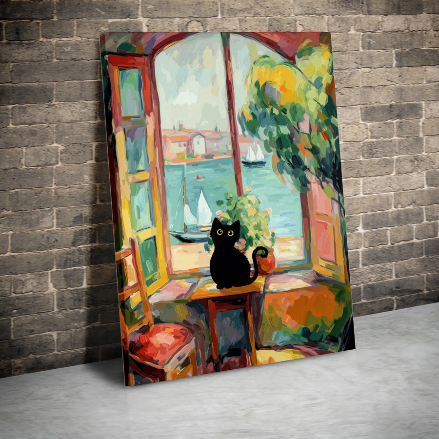 Black Cat Wall Art | Fauvist Style Window View with Sailboats | Gallery Quality Canvas Print | Whimsical Home Decor Gift for Cat Lovers