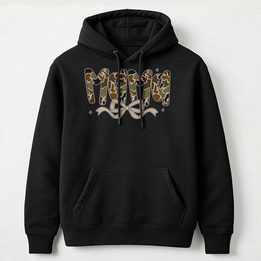 Mama Camo Hoodie with Bow | Preppy Duck Camouflage Graphic | Premium Cotton Blend Sweatshirt | Gift for Mom or Hunter Girlfriend