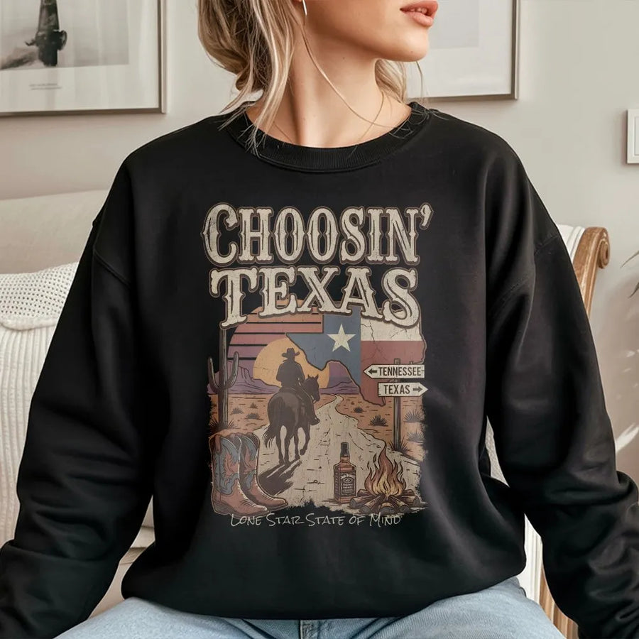 Texas Sweatshirt | Retro Western Graphic Pullover | Soft Cotton Blend Crewneck | Funny Lone Star State of Mind Gift for Texan