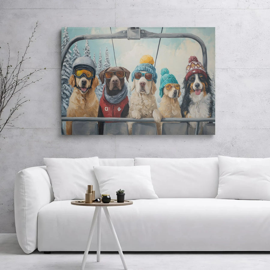 Skiing Dog Wall Art | Funny Dogs on Ski Lift Painting | Premium Gallery Wrap Canvas | Whimsical Winter Home Decor Gift
