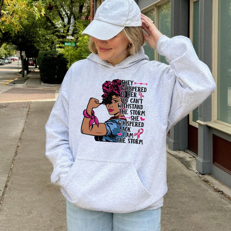 I Am The Storm Breast Cancer Hoodie | Afro Woman Warrior Graphic | Premium Cotton Blend Pullover | Inspiring Gift for Cancer Fighter Survivor