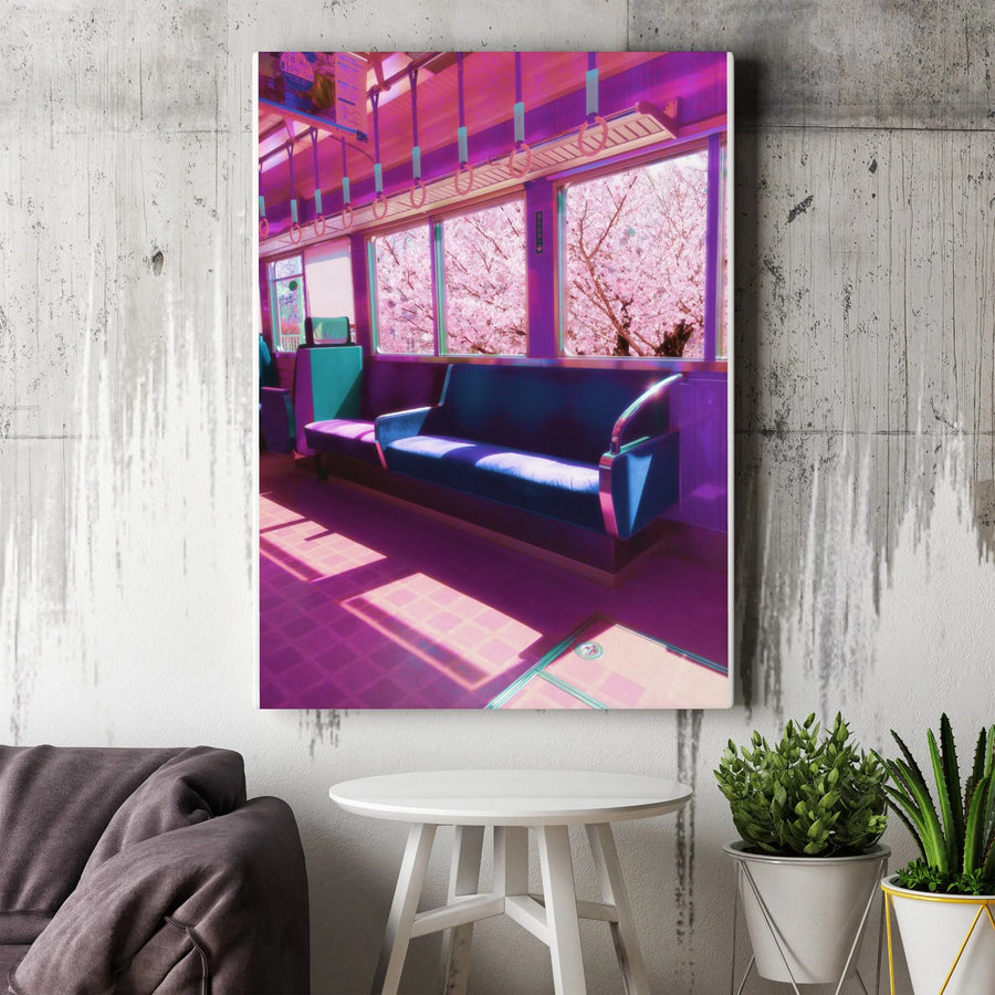 Sakura Train Canvas Wall Art | Vaporwave Aesthetic Japanese Scenery | Fade-Resistant Premium Canvas | Gift for Japan Lover & Anime Fan