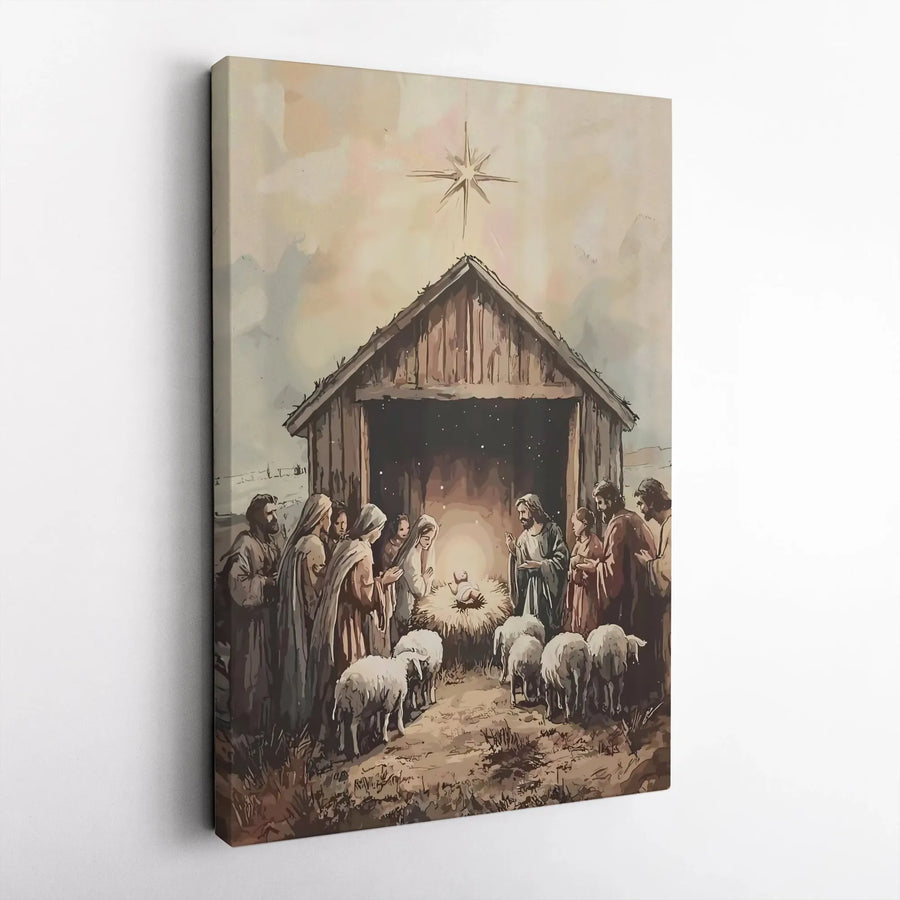 Nativity Scene Canvas Wall Art | Watercolor Holy Family Birth of Christ | Gallery-Quality 1.25" Frame | Christian Religious Christmas Gift
