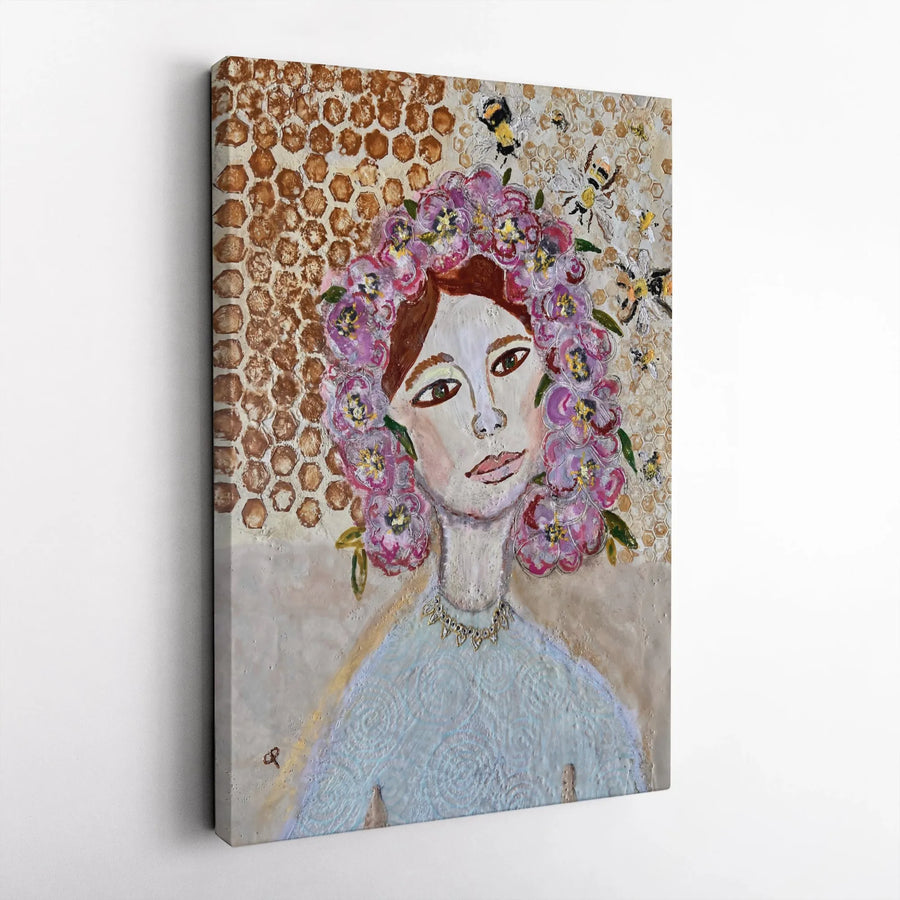 Floral Bee Queen Canvas Print | Textured Honeycomb & Flower Art | Premium Gallery Wrapped Canvas | Unique Gift for Nature Lover