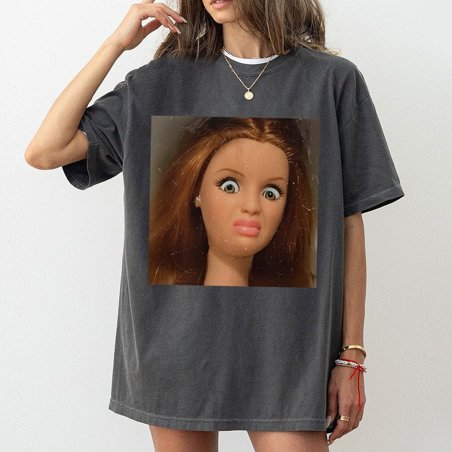 Shocked Doll Face T-Shirt | Funny Viral Meme Graphic | Premium Soft Cotton Unisex Tee | Sarcastic Humor Gift For Her