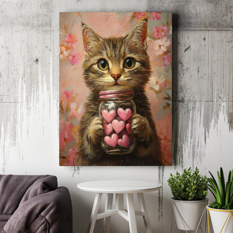 Cute Cat Canvas Wall Art | Kitten Holding Jar of Hearts | Premium Textured Print | Romantic Gift for Cat Lover, Nursery Decor