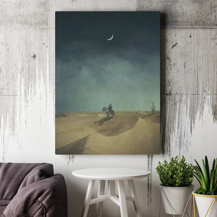 Lone Cowboy Canvas Wall Art | Desert Night Western Landscape | Premium 1.25" Gallery Wrap | Southwestern Home Decor Gift