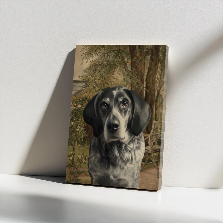 Bluetick Coonhound Canvas Art | Vintage Style Dog Garden Portrait | Premium Gallery Wrap Wall Decor | Hunting Dog Lover Gift